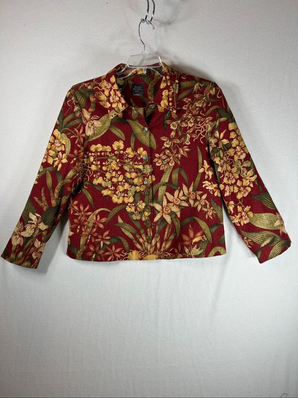 Susan Bristol Floral Linen Blend Jacket Red Gold Green Botanical Blazer L